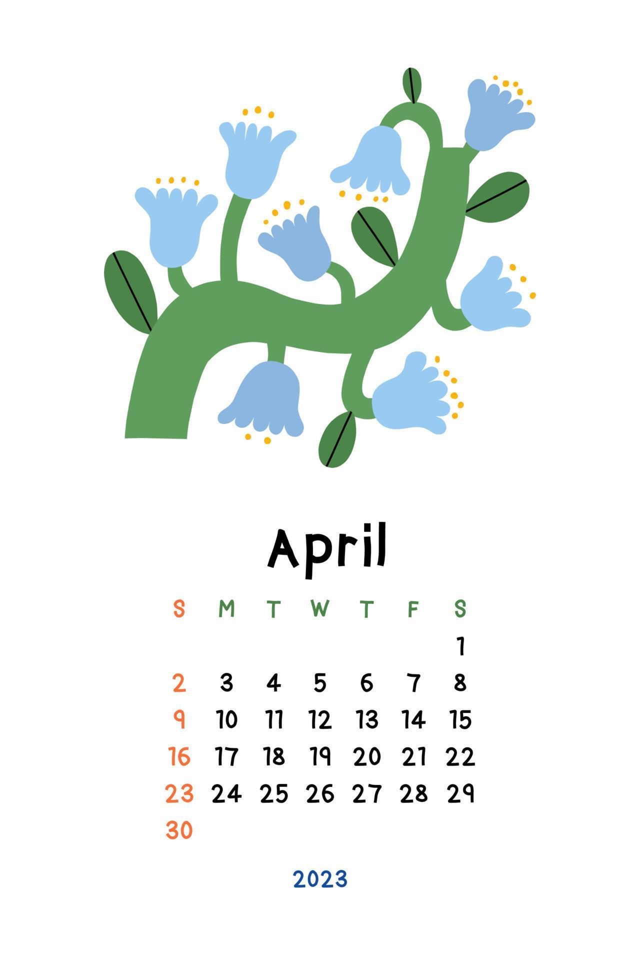 Beautiful Floral Calendar - April 2023. Botanical printable Vector