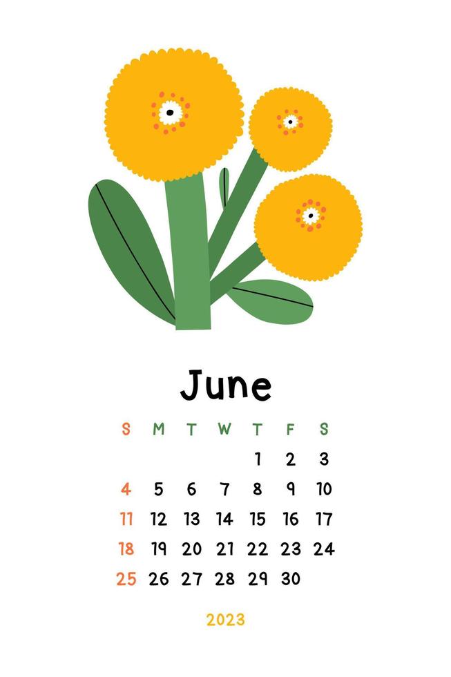 Beautiful Floral Calendar June 2023. Botanical printable Vector