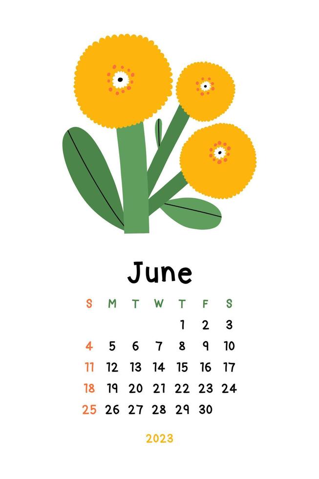 Beautiful Floral Calendar - June 2023. Botanical printable Vector template. Monthly calendar with hand drawn Flower.