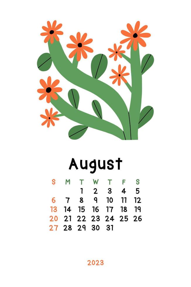 Beautiful Floral Calendar - August 2023. Botanical printable Vector template. Monthly calendar with hand drawn Flower.