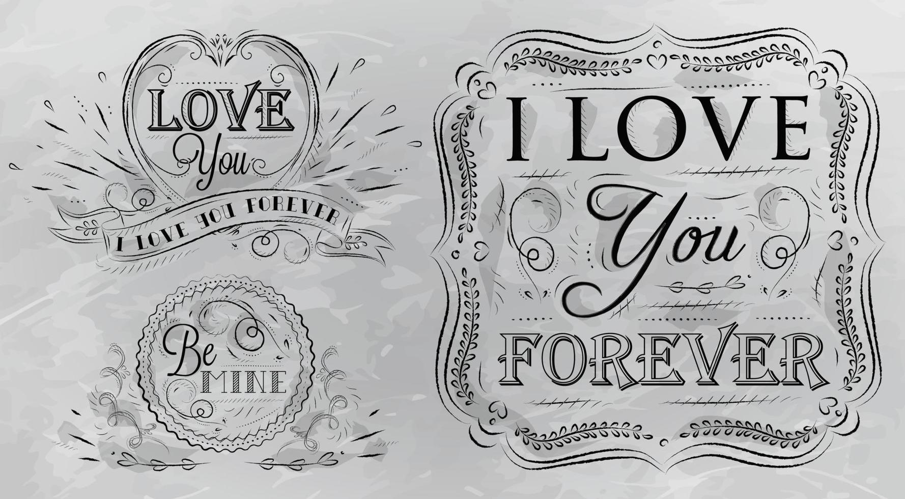 elementos de diseño de carbón sobre temas de amor de un dibujo estilizado con carbón en el tablero sobre fondo gris vector