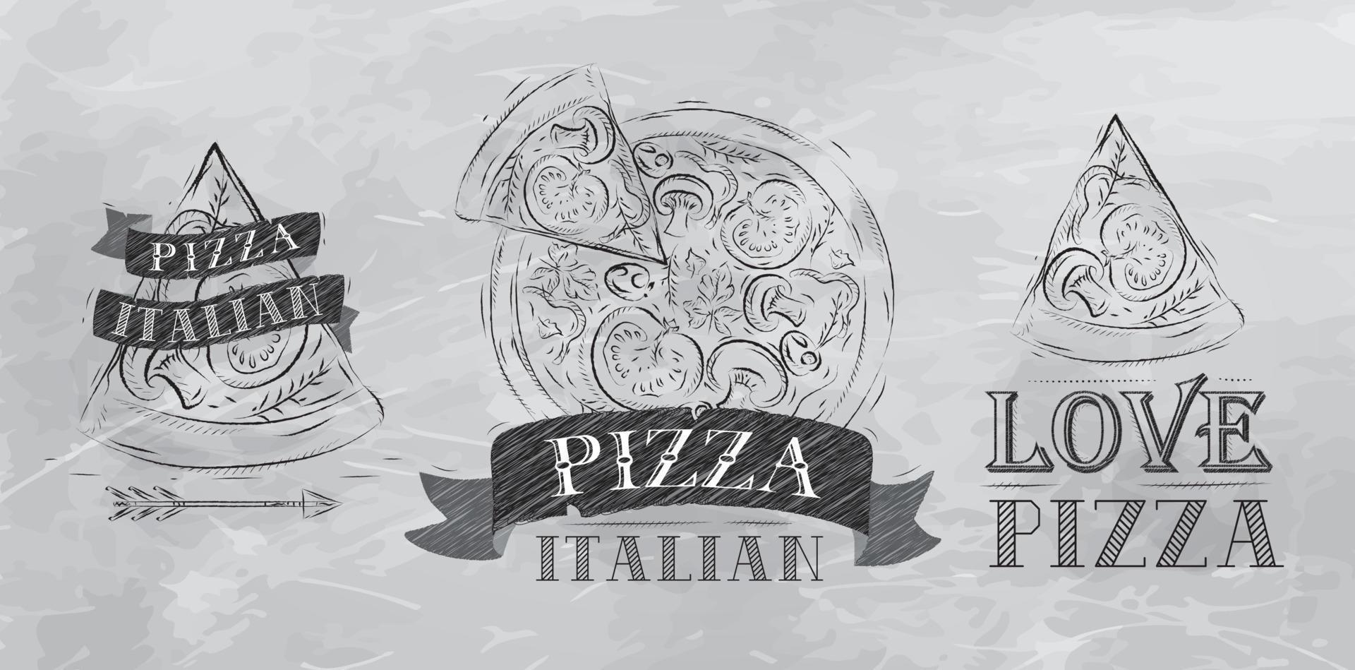 Pizza symbol, icons and a slice of pizza with the inscription Italian stylized drawing with coal on the blackboard vector