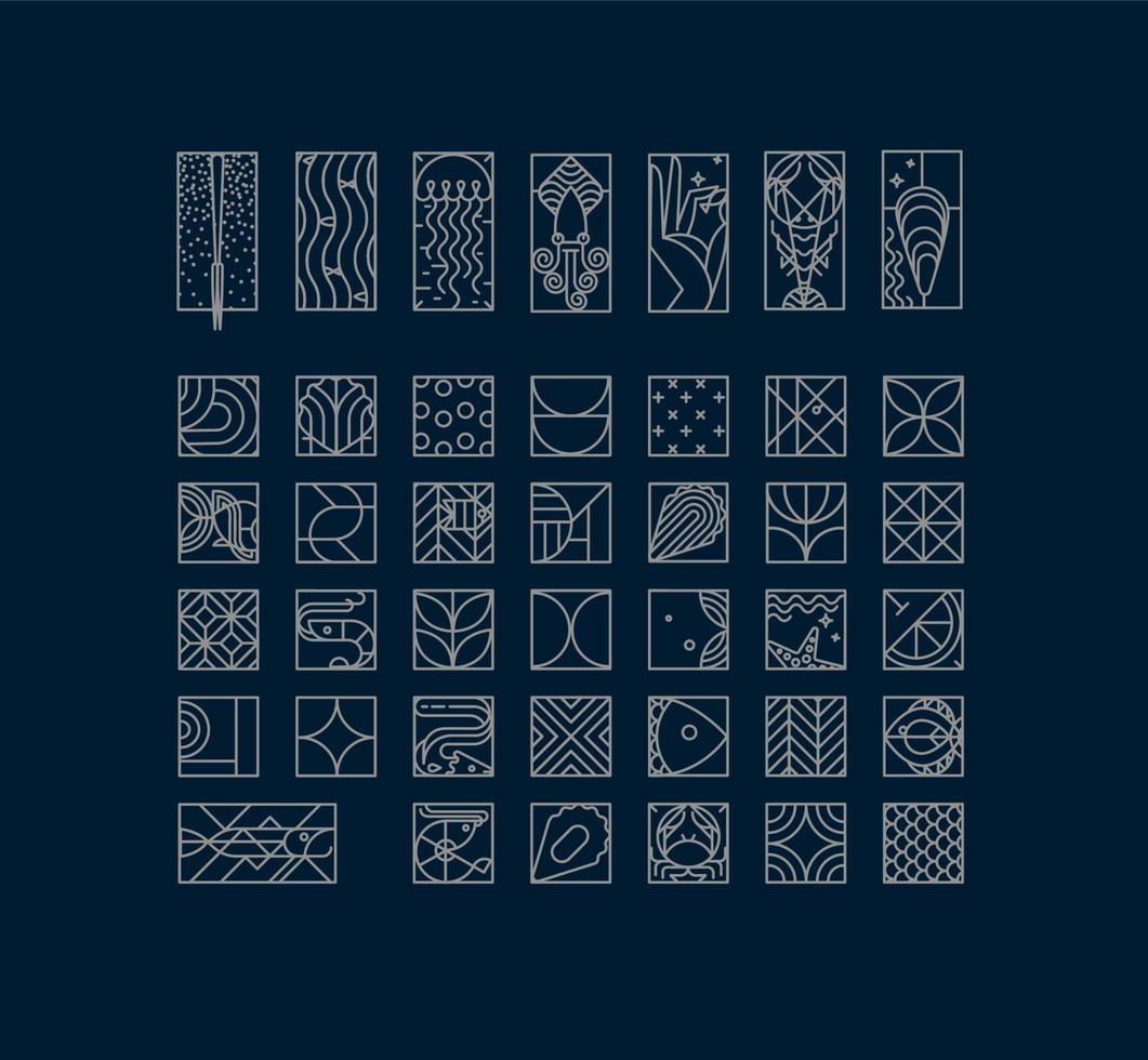 Set of creative modern art deco seafood icons in flat line style drawing on blue background. vector