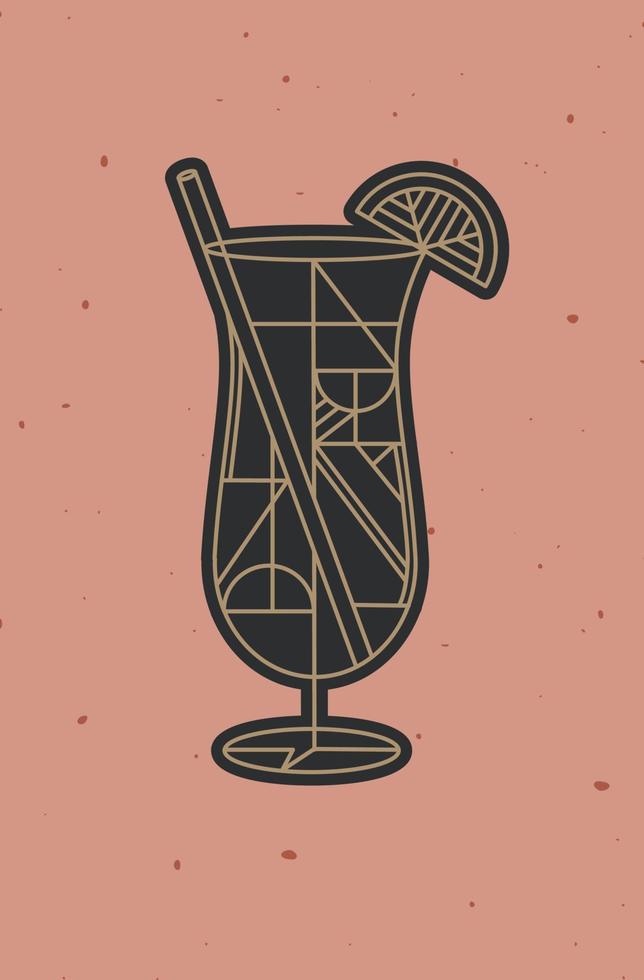 Art deco cocktail pina colada drawing in line style on powder coral background vector