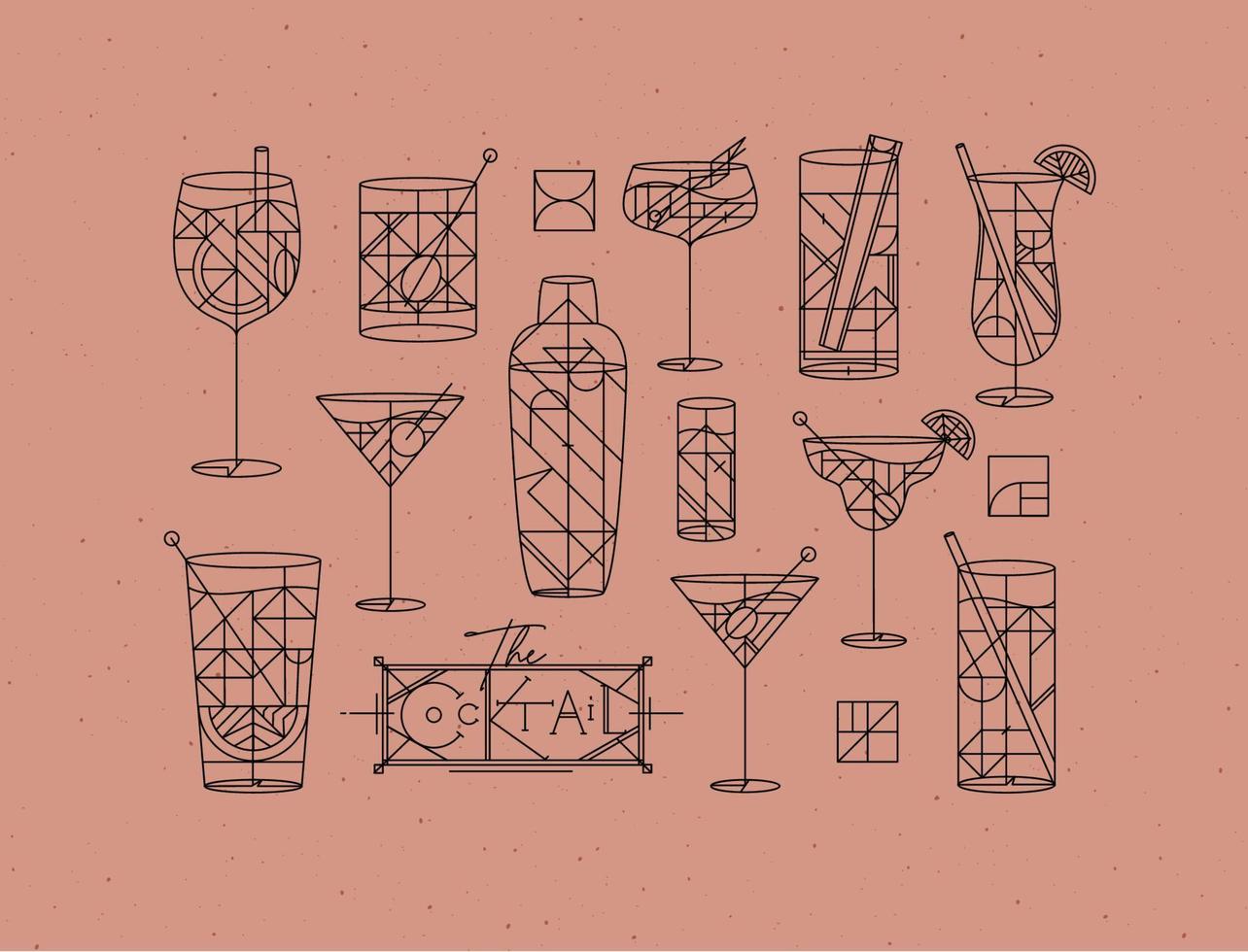 Art deco cocktails set drawing in line style on powder coral background vector