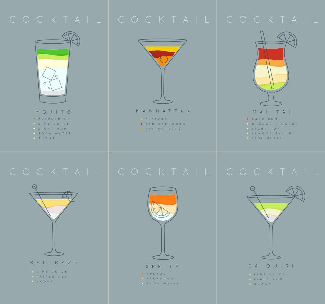 Set of flat cocktail posters mojito, manhattan, mai tai, kamikaze, spritz, daiquiri drawing on grayish blue background vector