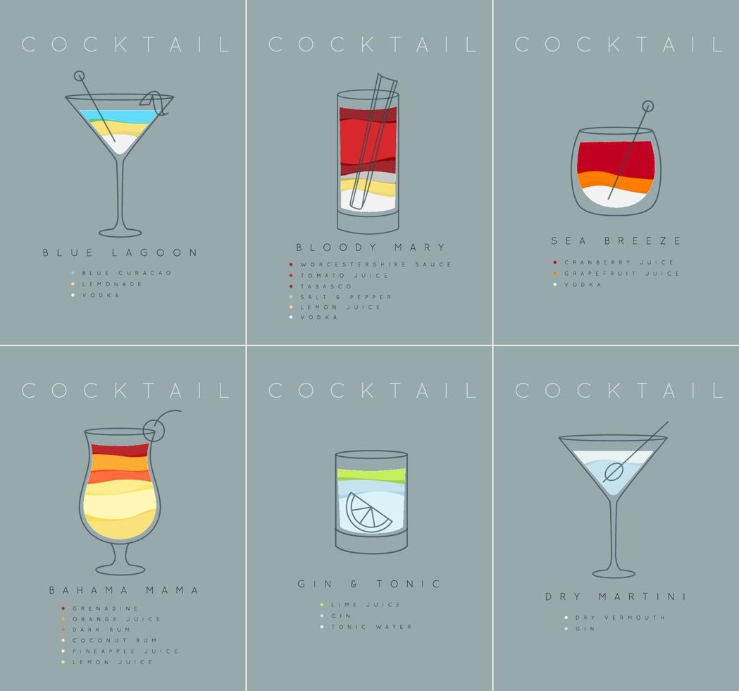 Set of flat cocktail posters blue lagoon, bloody mary, sea breese, gin and tonic, dry martini drawing on grayish blue background vector