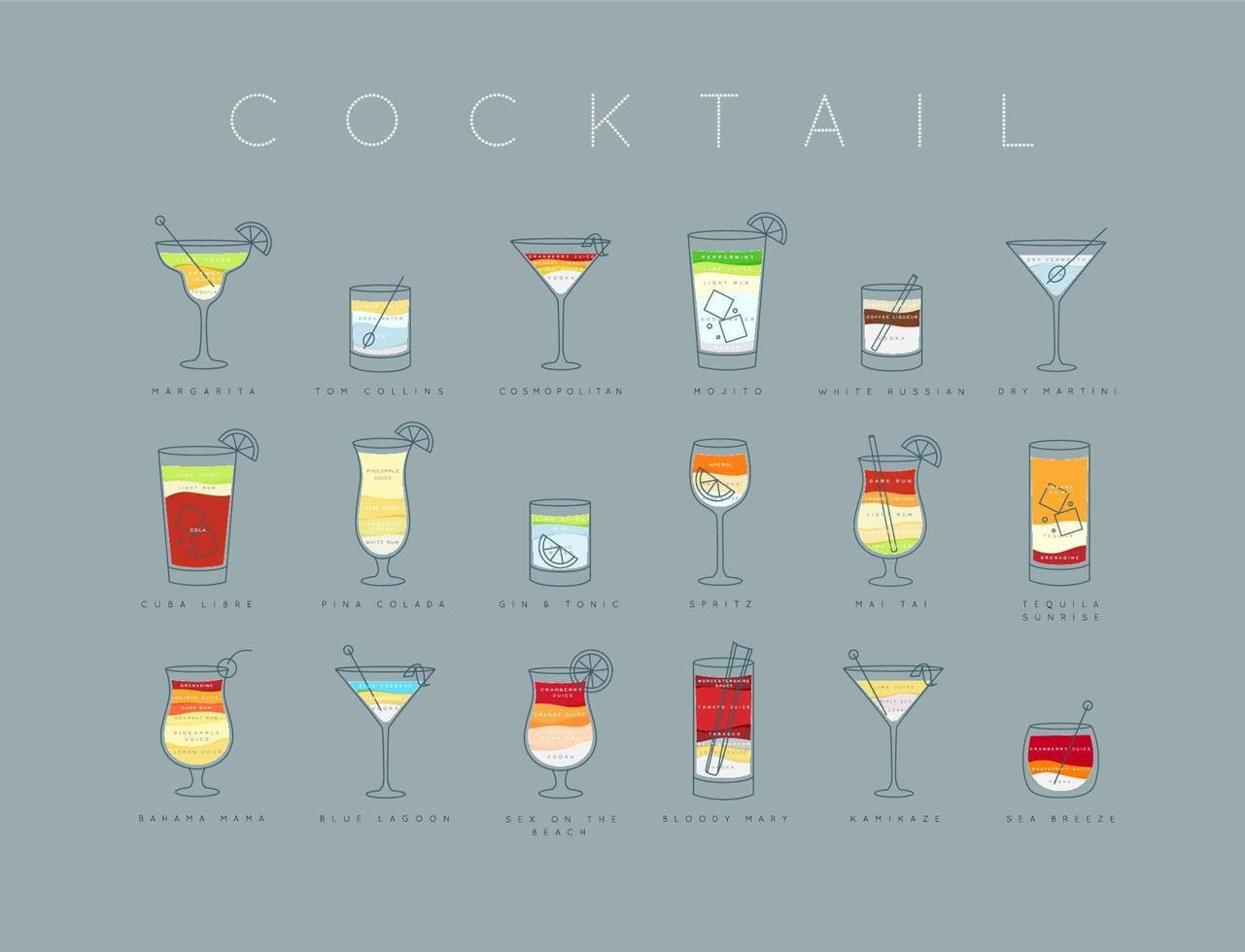 Poster flat cocktails menu with glass, recipes and names of cocktails drinks drawing horisontal on grayish blue background vector