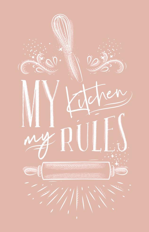 Poster with illustrated pastry equipment lettering my kitchen rules in hand drawing style on pink background. vector