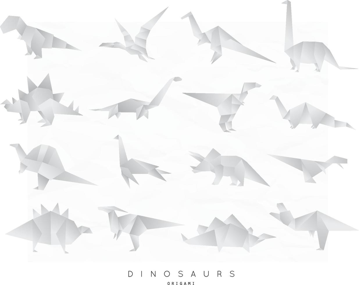 Set of dinosaurs in flat origami style tyrannosaurus, pterodactyl, barosaurus, stegosaurus, deinonychus, euoplocephalus, triceratops, jurassic, diplodocus, brachiosaurus vector