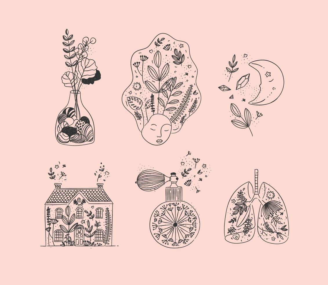 Set of floral art icons in hand made line style vase of flowers, woman face, moon, house, perfume bottle, human lungs drawing on light brown background vector