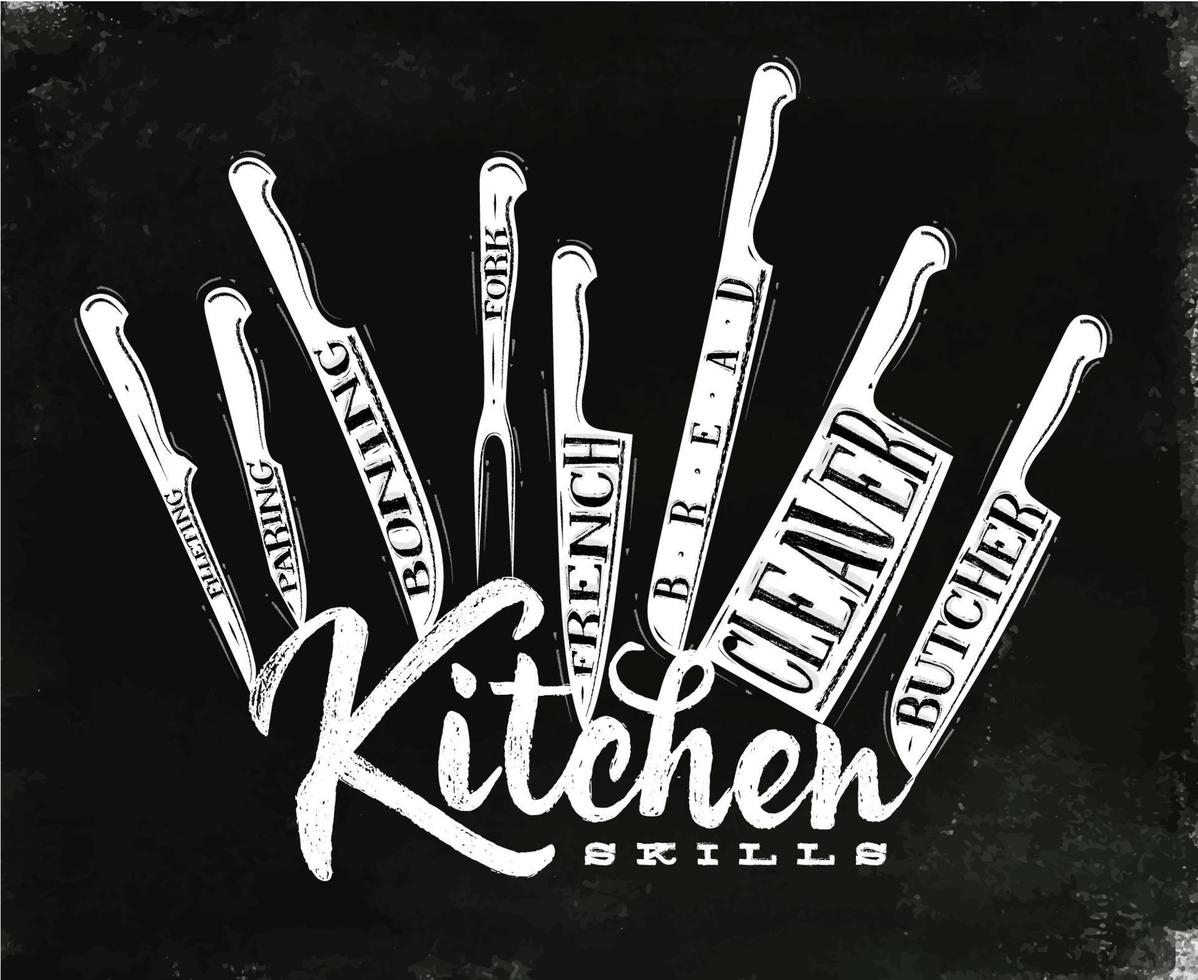 afiche cuchillos de corte de carne carnicero, francés, pan, pelado, tenedor, deshuesado, cuchilla, fileteado en un dibujo de estilo antiguo con tiza en el fondo de la pizarra vector
