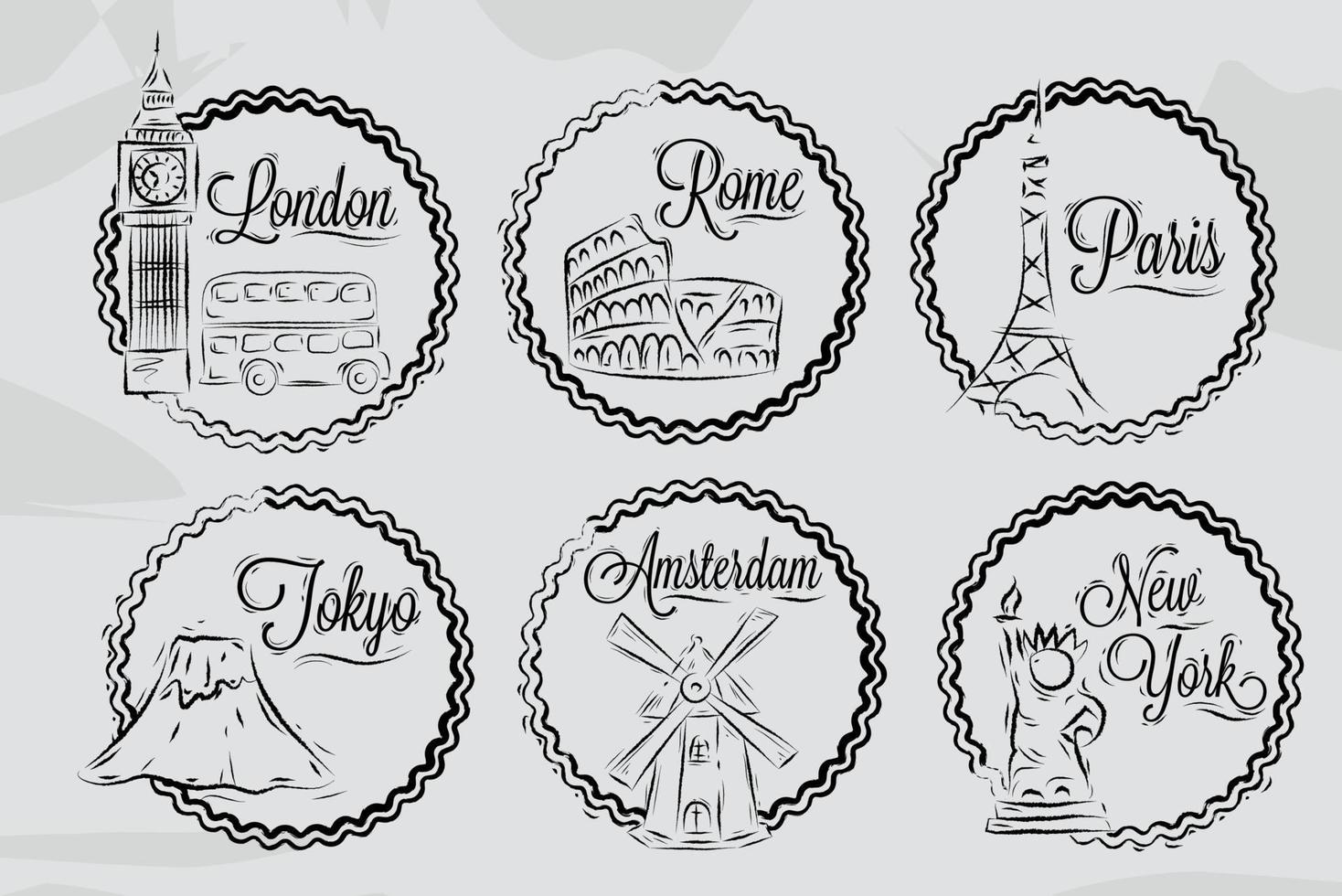 Icons with world cities, London, New York, Rome, Amsterdam, Tokyo, Paris, stylized drawing with chalk on a blackboard, a frame in round frame on a white background. vector