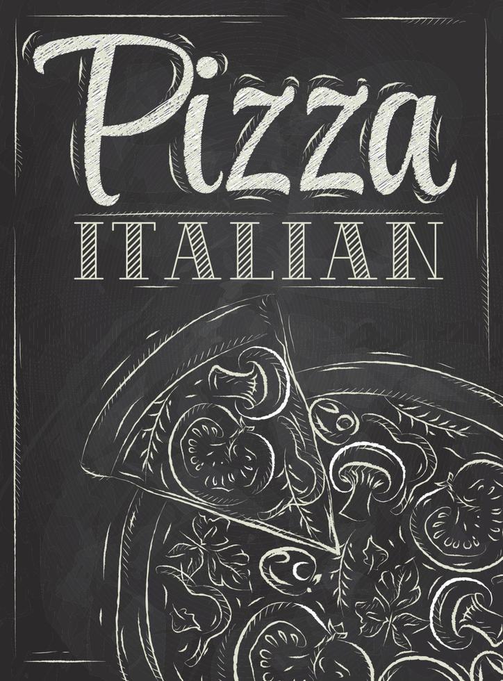 Poster with pizza and a slice of pizza with the inscription Italian pizza stylized drawing with chalk on the blackboard. vector