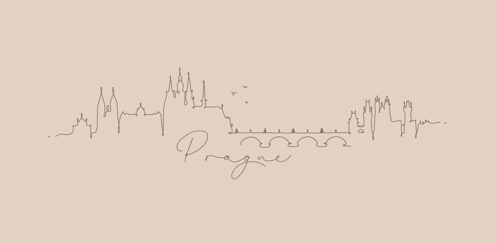 silueta de la ciudad de praga en un dibujo de estilo de línea de lápiz con líneas marrones sobre fondo beige vector