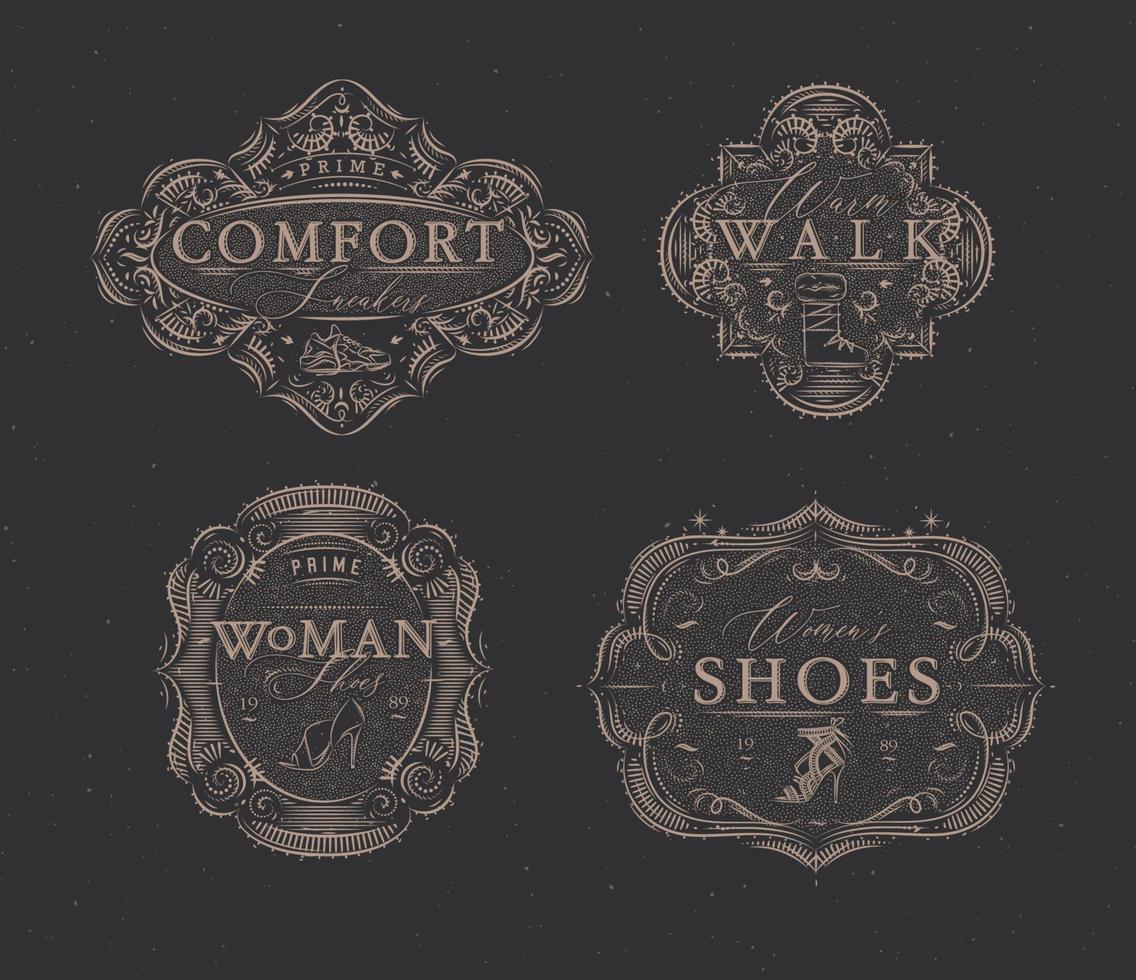 Shoes labels vintage with inscriptions comfort sneakers, warm walk, woman footwear drawing in retro style on brown background vector