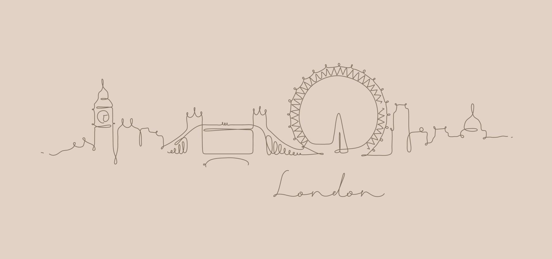 silueta de la ciudad de londres en estilo de línea de lápiz de dibujo con líneas marrones sobre fondo beige vector