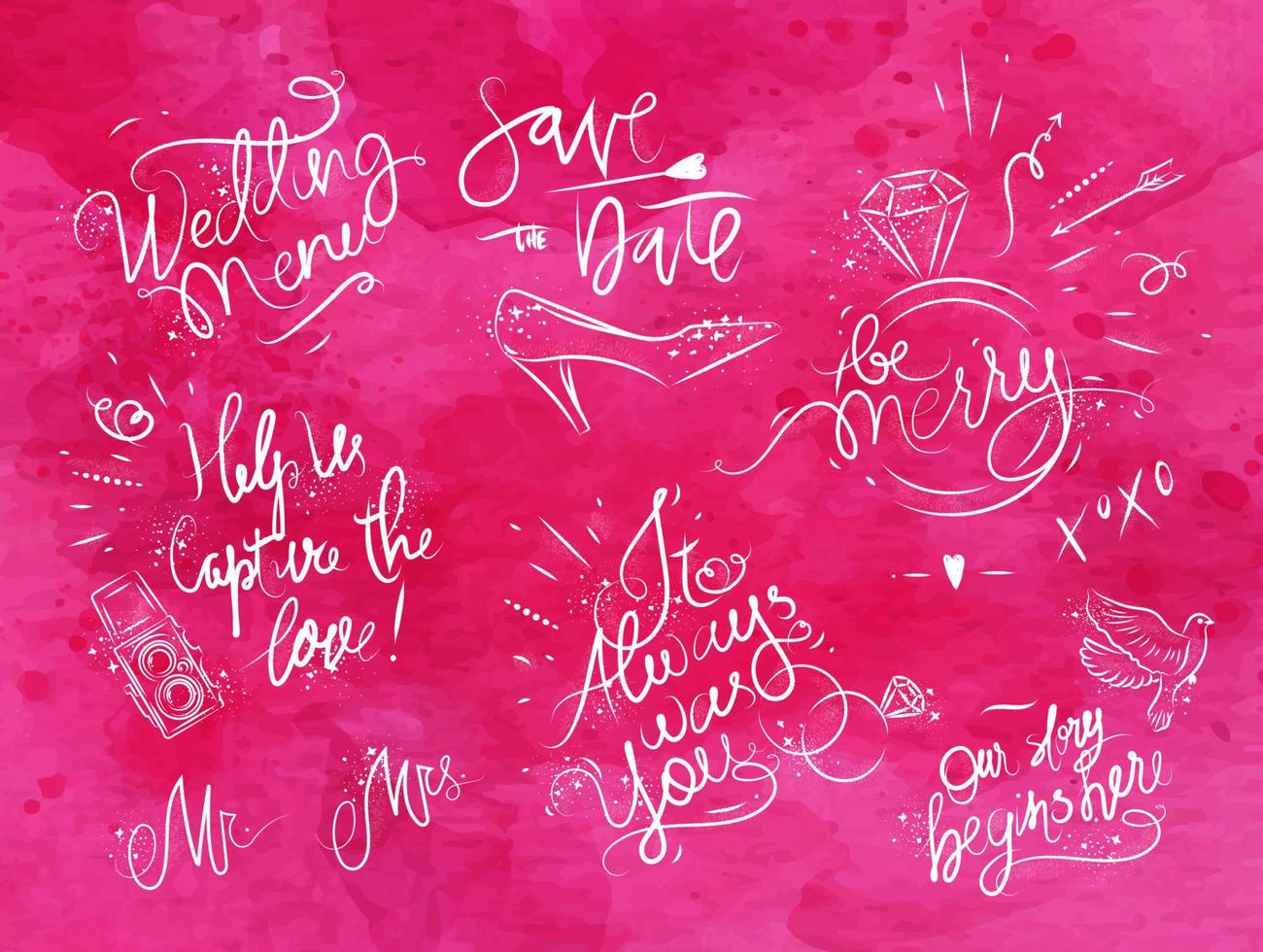 Set of signs on wedding theme drawing with pink ink on black paper vector