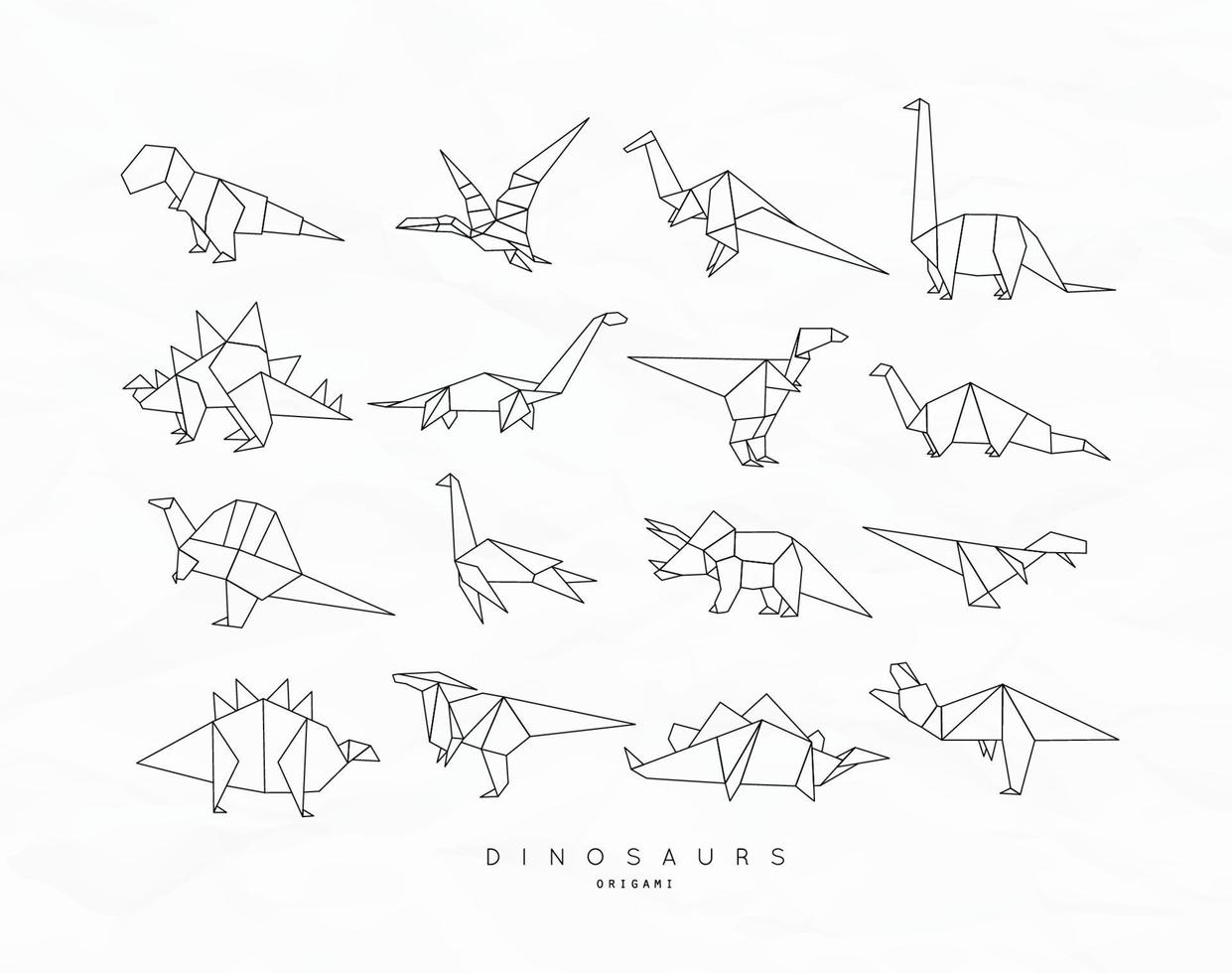 Set of dinosaurs in flat origami style tyrannosaurus, pterodactyl, barosaurus, stegosaurus, deinonychus, euoplocephalus, triceratops brachiosaurus drawing with black lines on white background vector