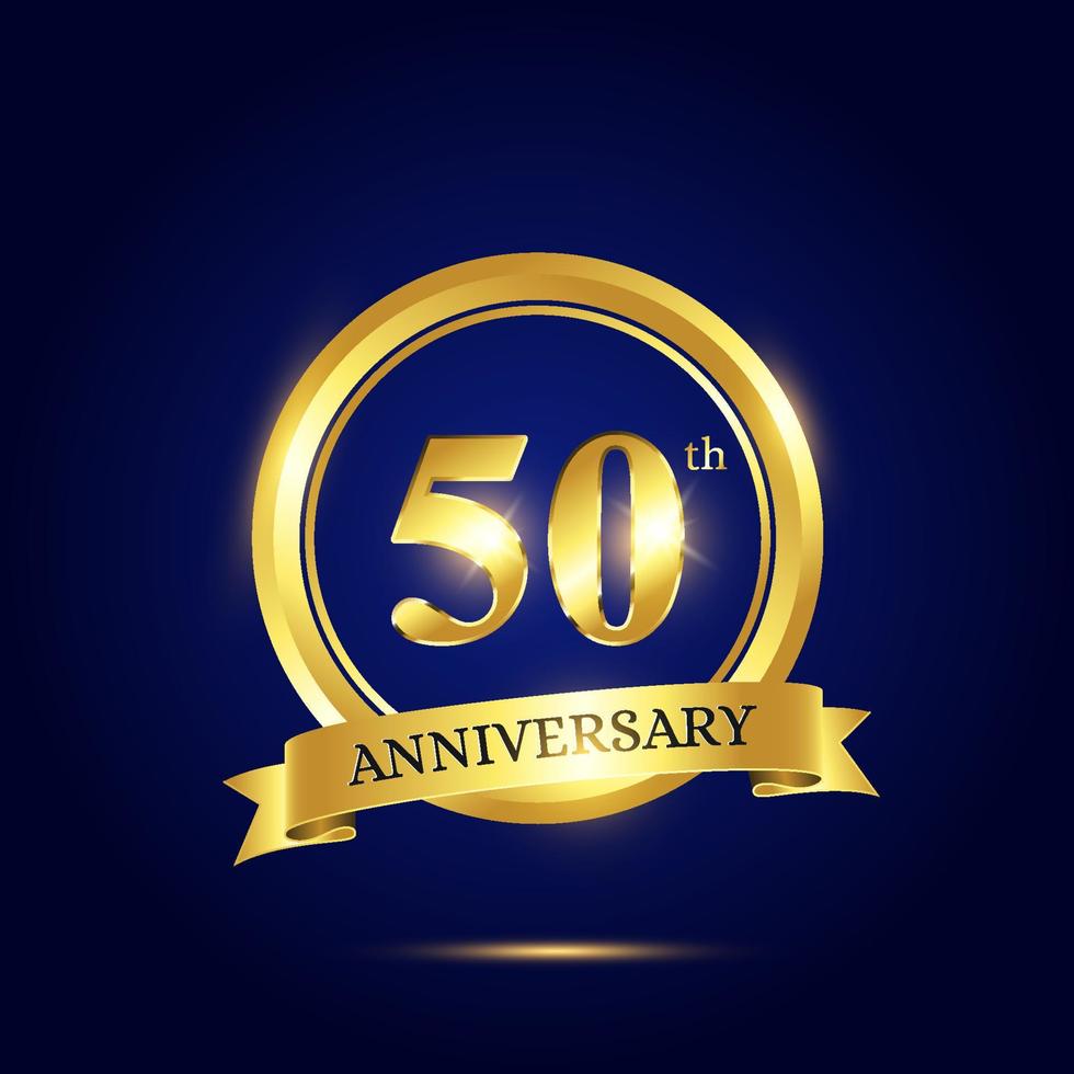 50th anniversary celebration. Luxury celebration template with golden circle and ribbon on dark blue background. Elegant vector template for invitation card, celebration, greeting cards and other.