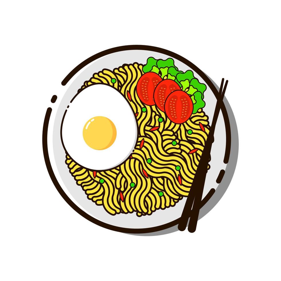 comida famosa indonesia en arte de diseño plano. fideos, huevos, tomates y hierbas son platos que utilizan palillos vector