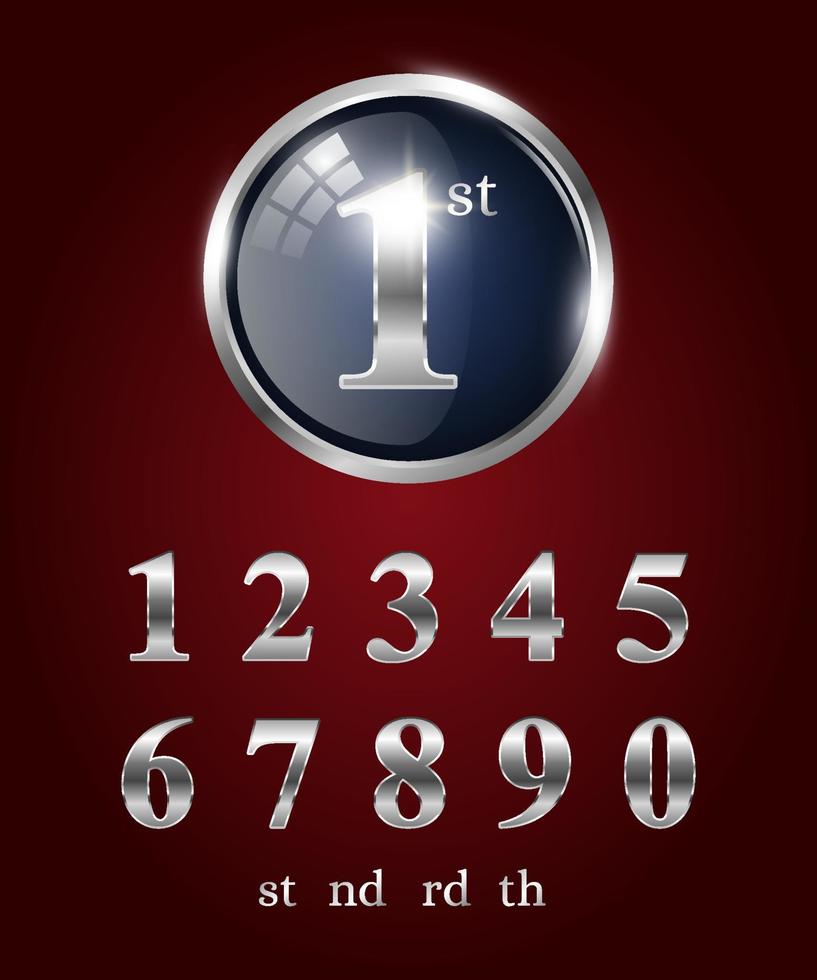 conjunto de números plateados y terminación de las palabras aisladas en un fondo rojo oscuro. número de plata adecuado para diseño de lujo, vip y diseño de celebración de aniversario vector