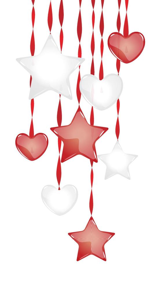 Volume of the heart and the stars hanging on ribbons decorating holiday Elements. Christmas decorations holidays vector