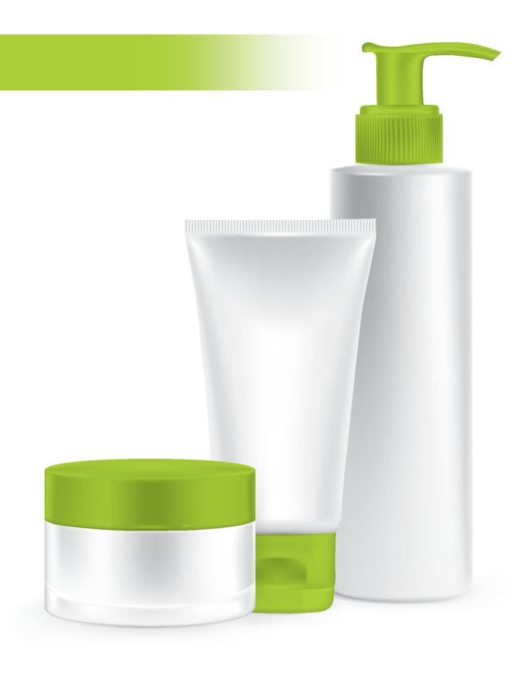 Composition of packaging containers green color, cream, beauty products set. vector