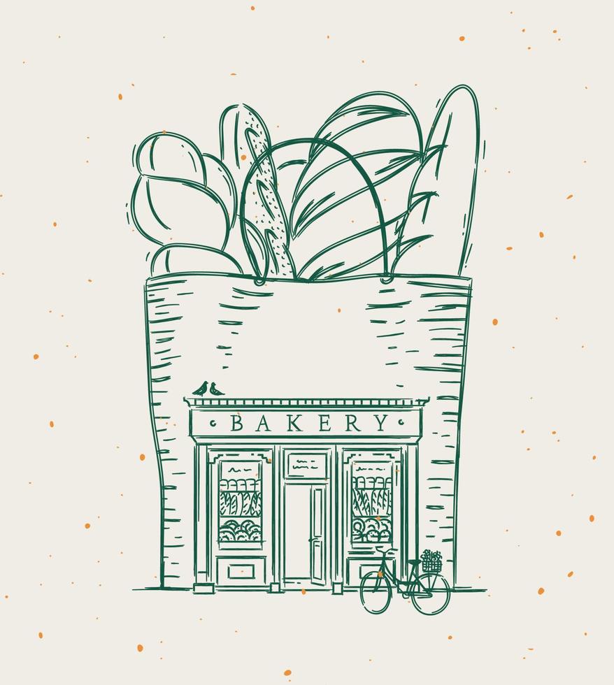 Bag with baguettes a storefront of bakery drawing in vintage style on beige background vector