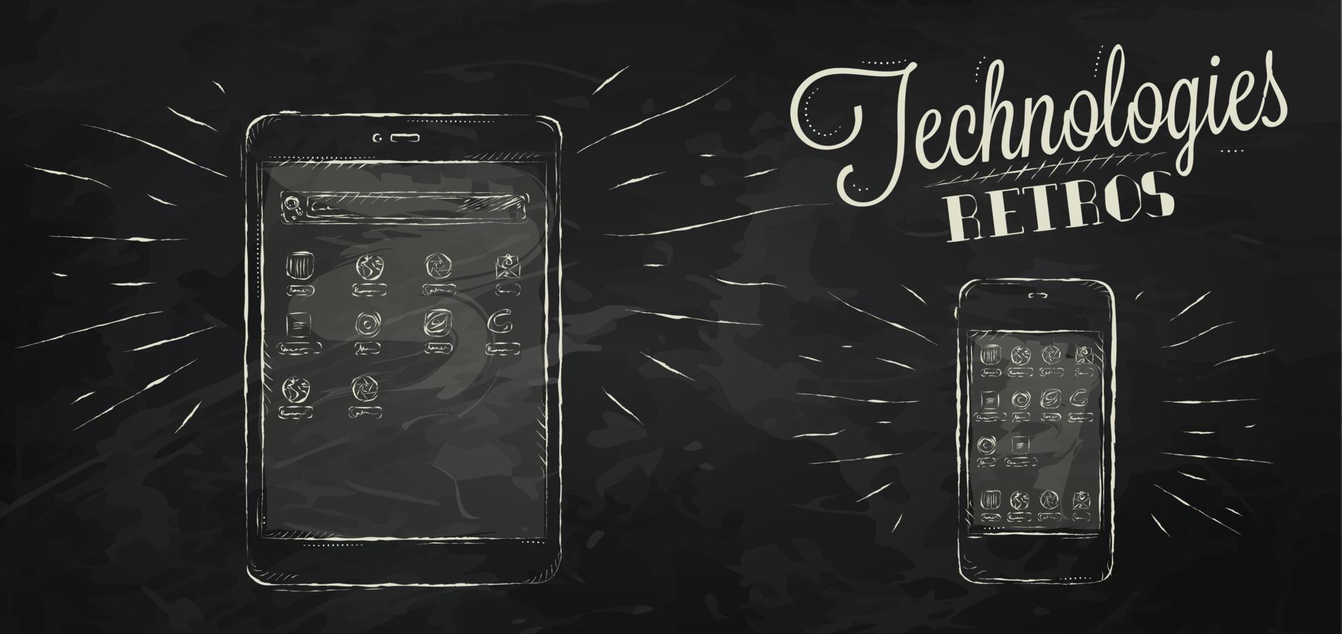 Icons on modern technology mobile tablet device in vintage style stylized drawing with chalk on chalkboard background vector