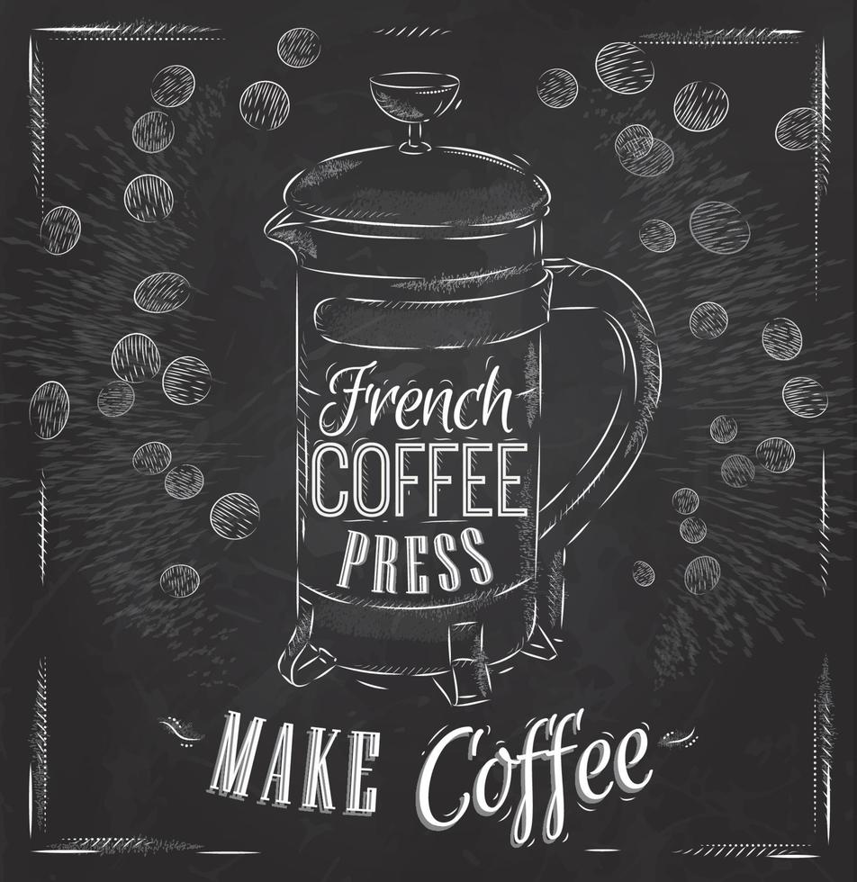 cartel con letras prensa de café francesa hacer café en estilo retro dibujo estilizado con tiza vector