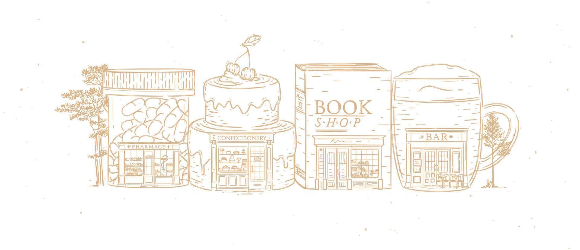 conjunto de tiendas de farmacia, confitería, librería, dibujo de barras con color beige vector
