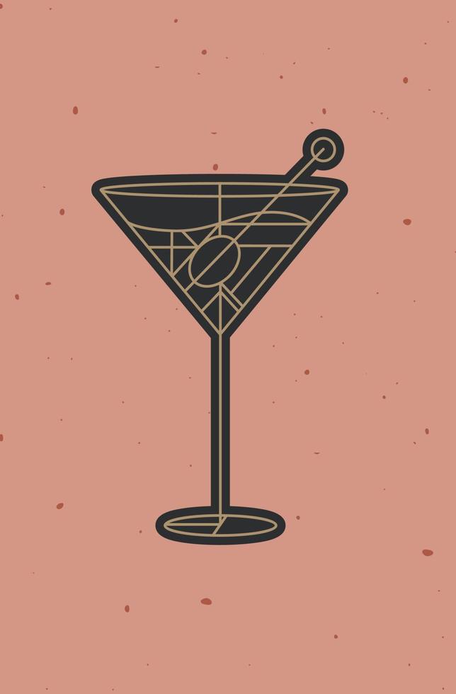 Cóctel art deco martini sucio dibujo en estilo de línea sobre fondo de coral en polvo vector