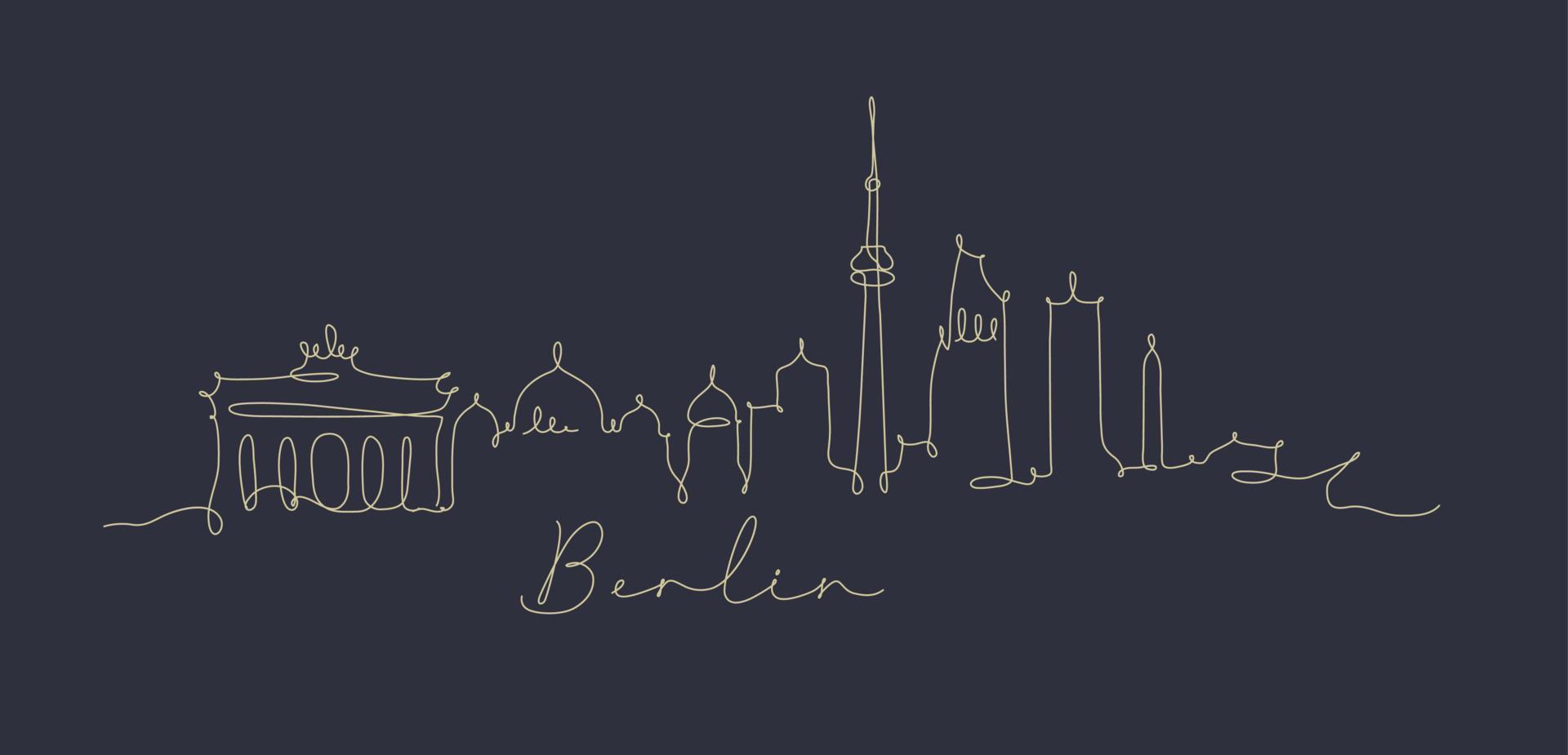 City silhouette berlin in pen line style drawing with beige lines on dark blue background vector