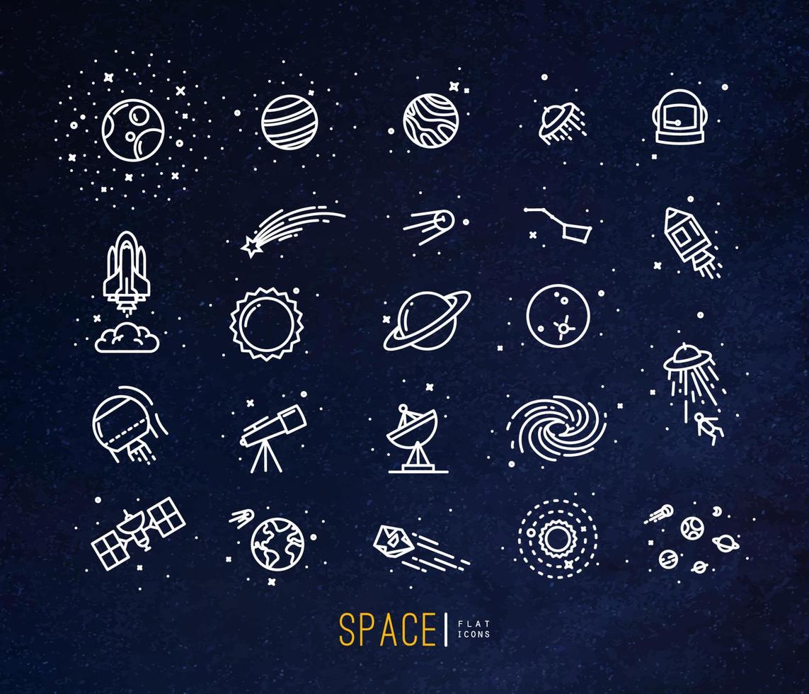 Space flat icons drawing with white lines on blue background. vector
