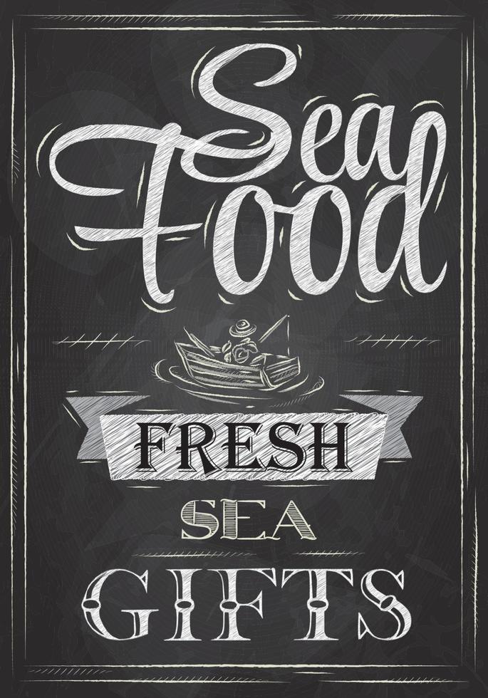 afiche marisco regalos frescos del mar en estilo retro dibujo estilizado con tiza en la pizarra vector