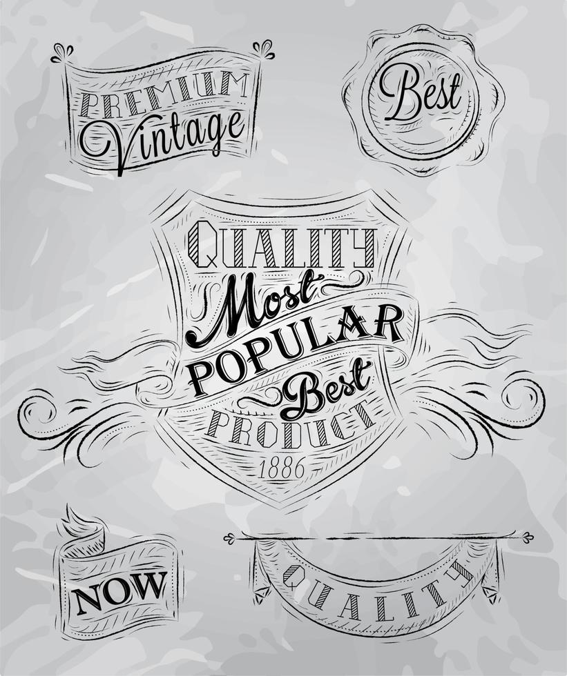 Set of retro styled chalk drawings of vintage premium quality badges and labels in gray vector