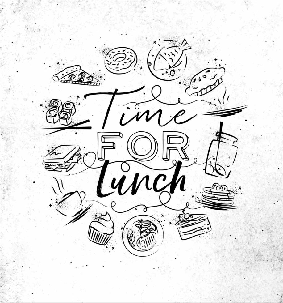 monograma de la hora del almuerzo con dibujo de icono de comida en el fondo de papel sucio vector