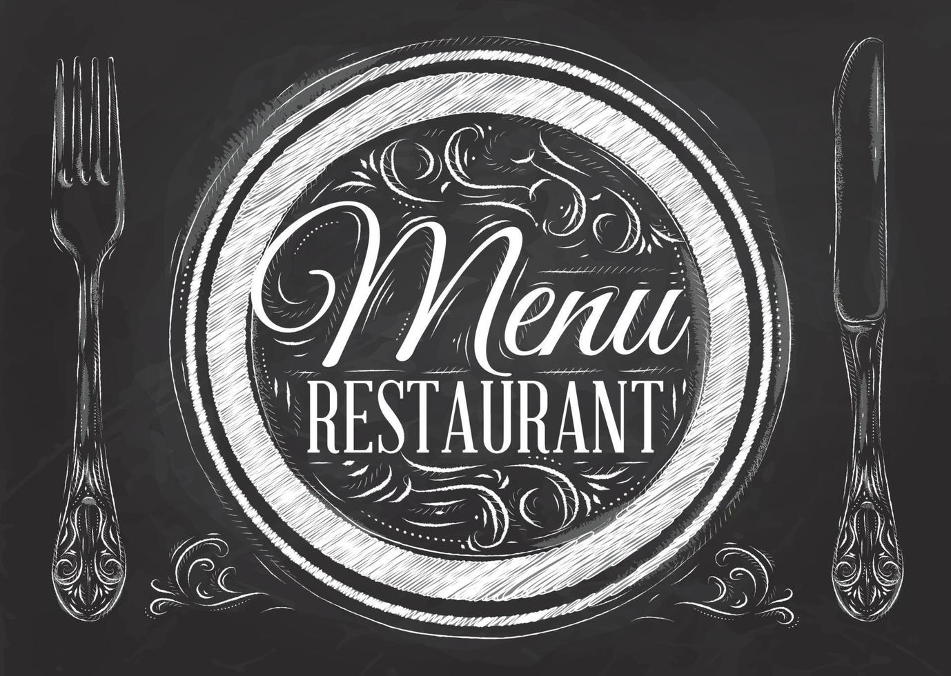 Menu restaurant lettering on a plate with a fork and a spoon on the side in retro style drawing with chalk on blackboard. vector