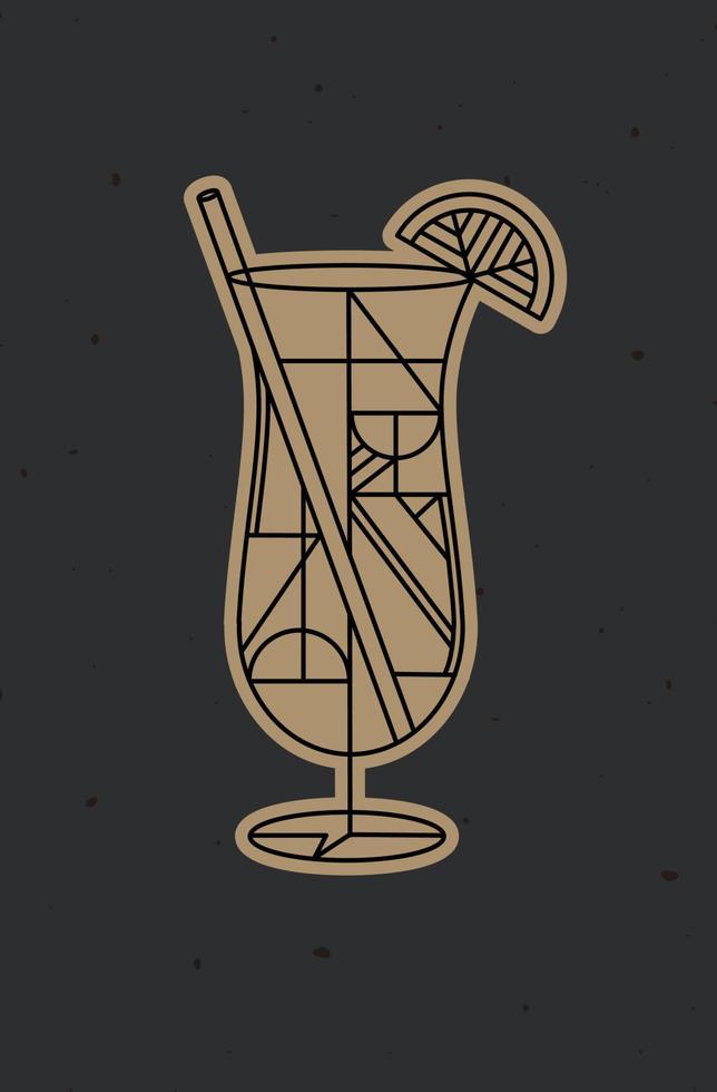 Art deco cocktail pina colada drawing in line style on dark background vector