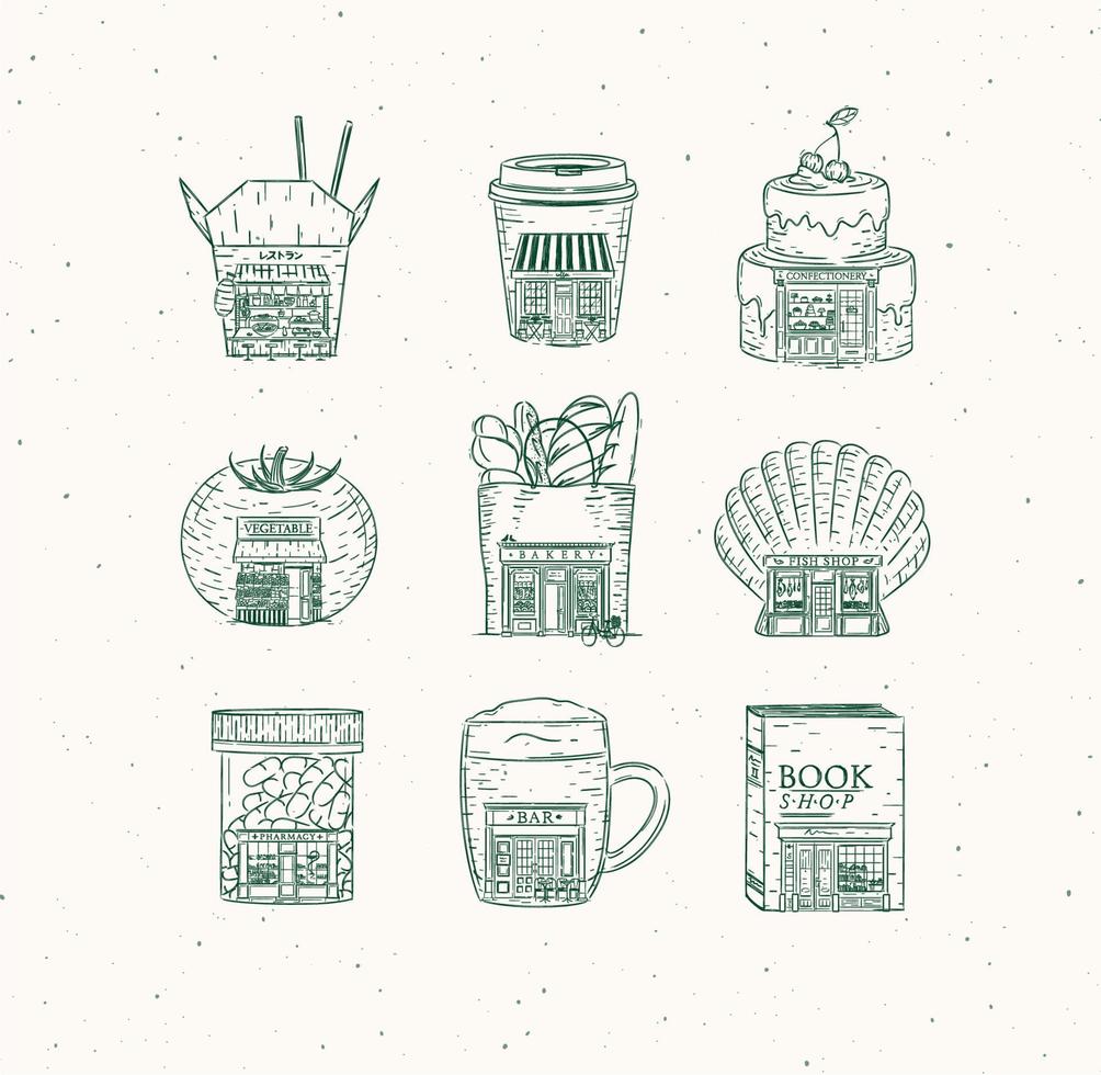 Set of storefront confectionery, coffee, bakery, vegetable, book, asian food, pharmacy, bar, fish shop drawing in vintage style with green lines vector