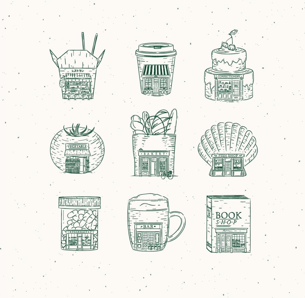 conjunto de confitería, café, panadería, verdura, libro, comida asiática, farmacia, bar, dibujo de pescadería en estilo vintage con líneas verdes vector