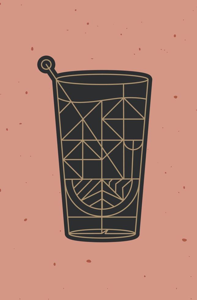 Art deco cocktail tequila drawing in line style on powder coral background vector