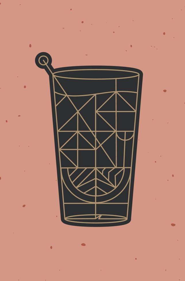 dibujo de tequila cóctel art deco en estilo de línea sobre fondo de coral en polvo vector