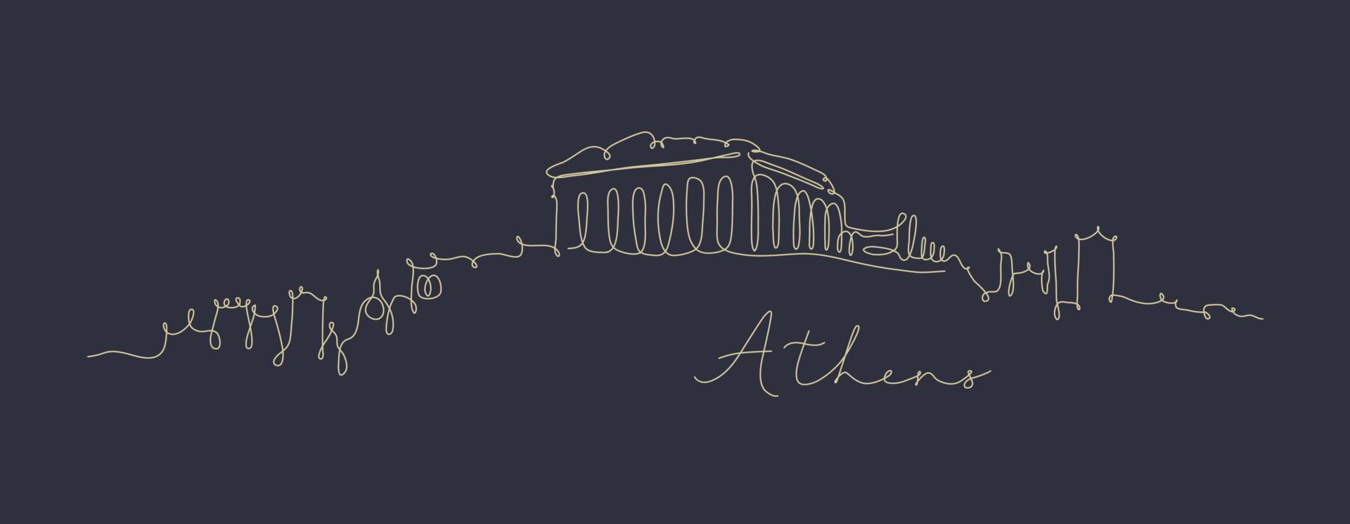 City silhouette athens in pen line style drawing with beige lines on dark blue background vector