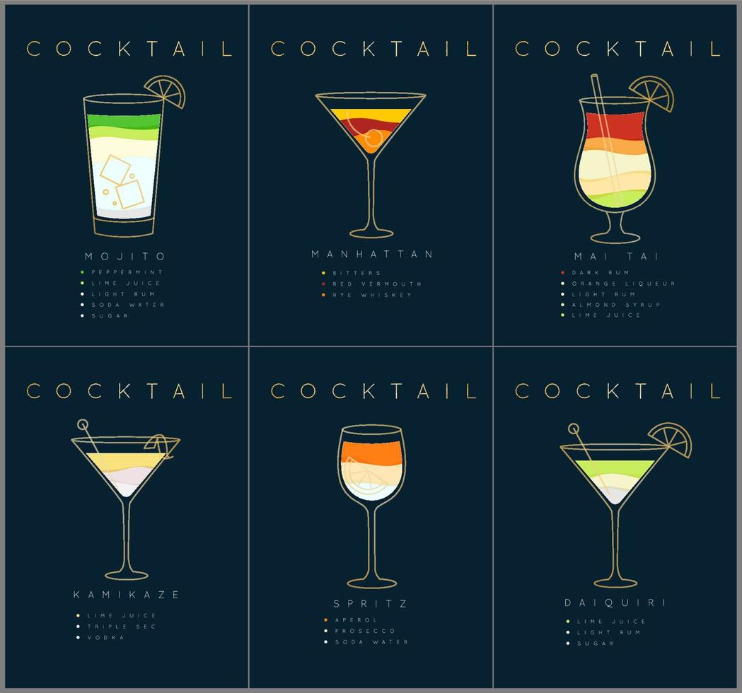 conjunto de carteles de cócteles planos mojito, manhattan, mai tai, kamikaze, spritz, daiquiri dibujando sobre fondo azul oscuro vector