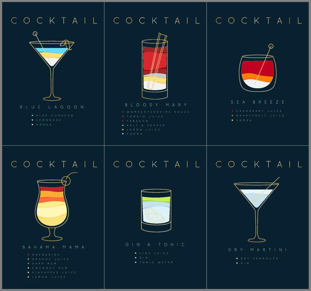 Set of flat cocktail posters blue lagoon, bloody mary, sea breese, gin and tonic, dry martini