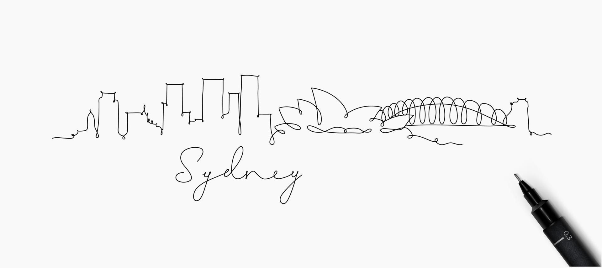 silueta de la ciudad de sydney en un dibujo de estilo de línea de pluma con líneas negras sobre fondo blanco vector