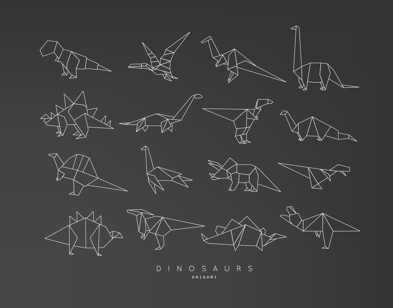 Set of dinosaurs in flat origami style tyrannosaurus, pterodactyl, barosaurus, stegosaurus, deinonychus, euoplocephalus, triceratops drawing with grey lines on black background vector