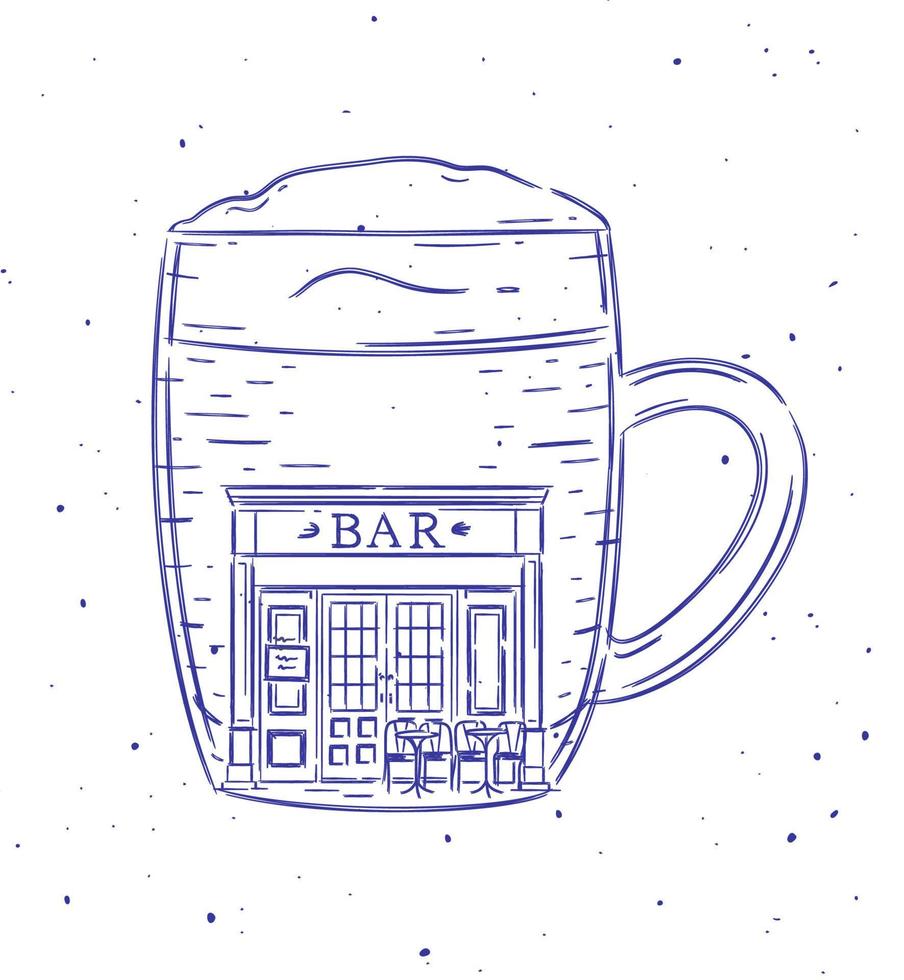 Glass of beer a storefront of bar drawing in vintage style on white background vector